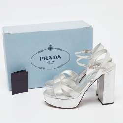 Prada Metallic Silver Leather Ankle Strap Platform Sandals Size 37.5