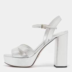 Prada Metallic Silver Leather Ankle Strap Platform Sandals Size 37.5