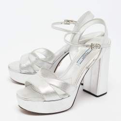 Prada Metallic Silver Leather Ankle Strap Platform Sandals Size 37.5