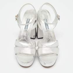 Prada Metallic Silver Leather Ankle Strap Platform Sandals Size 37.5