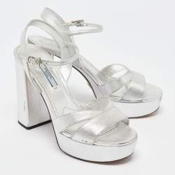Prada Metallic Silver Leather Ankle Strap Platform Sandals Size 37.5