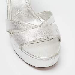 Prada Metallic Silver Leather Ankle Strap Platform Sandals Size 37.5