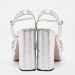 Prada Metallic Silver Leather Ankle Strap Platform Sandals Size 37.5