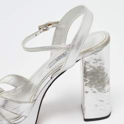 Prada Metallic Silver Leather Ankle Strap Platform Sandals Size 37.5