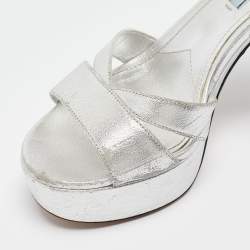 Prada Metallic Silver Leather Ankle Strap Platform Sandals Size 37.5