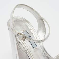 Prada Metallic Silver Leather Ankle Strap Platform Sandals Size 37.5