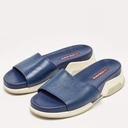 Prada Navy Blue Leather Slides Size 37