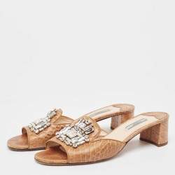Pre Owned Prada Brown Embossed Croc Crystal Embellished Slide Sandals Size 40.5