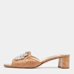 Pre Owned Prada Brown Embossed Croc Crystal Embellished Slide Sandals Size 40.5
