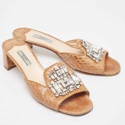 Pre Owned Prada Brown Embossed Croc Crystal Embellished Slide Sandals Size 40.5
