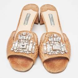 Pre Owned Prada Brown Embossed Croc Crystal Embellished Slide Sandals Size 40.5