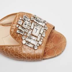Pre Owned Prada Brown Embossed Croc Crystal Embellished Slide Sandals Size 40.5