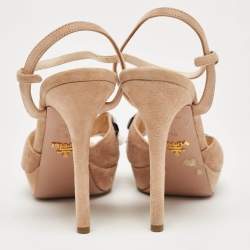 Prada Beige Suede Embellished Platform Ankle Strap Sandals Size 38