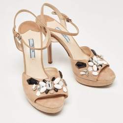 Prada Beige Suede Embellished Platform Ankle Strap Sandals Size 38