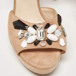 Prada Beige Suede Embellished Platform Ankle Strap Sandals Size 38