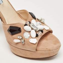 Prada Beige Suede Embellished Platform Ankle Strap Sandals Size 38