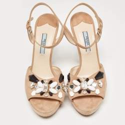 Prada Beige Suede Embellished Platform Ankle Strap Sandals Size 38