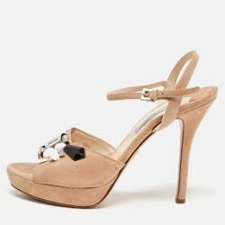 Prada Beige Suede Embellished Platform Ankle Strap Sandals Size 38