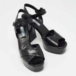 Prada Black Leather Ankle Strap Platform Sandals