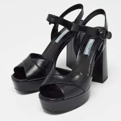 Prada Black Leather Ankle Strap Platform Sandals