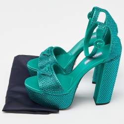 Prada Green Satin Crystal Embellished Platform Ankle Strap Sandals Size 37