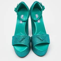 Prada Green Satin Crystal Embellished Platform Ankle Strap Sandals Size 37