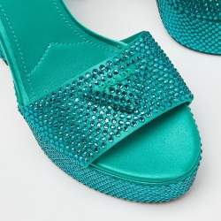 Prada Green Satin Crystal Embellished Platform Ankle Strap Sandals Size 37