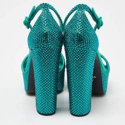 Prada Green Satin Crystal Embellished Platform Ankle Strap Sandals Size 37