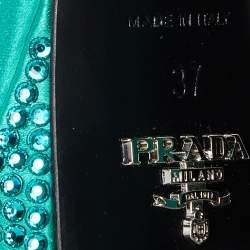 Prada Green Satin Crystal Embellished Platform Ankle Strap Sandals Size 37