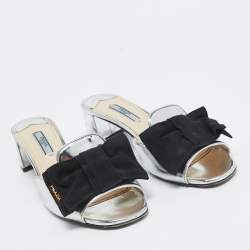 Prada Silver/Black Patent Leather and Canvas Bow Slide Sandals Size 38