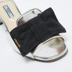 Prada Silver/Black Patent Leather and Canvas Bow Slide Sandals Size 38