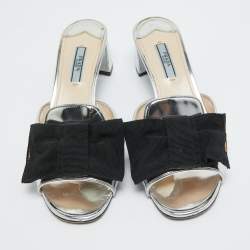 Prada Silver/Black Patent Leather and Canvas Bow Slide Sandals Size 38