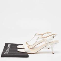 مملوكة مسبقًا Prada White Patent Leather Logo T Strap Sandals Size 41