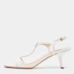مملوكة مسبقًا Prada White Patent Leather Logo T Strap Sandals Size 41