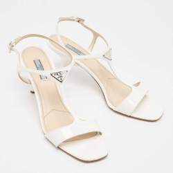 مملوكة مسبقًا Prada White Patent Leather Logo T Strap Sandals Size 41