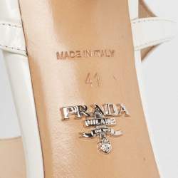 مملوكة مسبقًا Prada White Patent Leather Logo T Strap Sandals Size 41