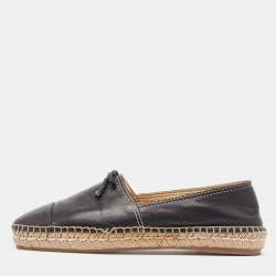 Pre Owned Prada Black Leather Bow Espadrille Flats Size 38.5 