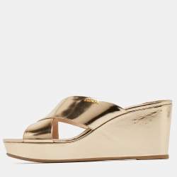 Prada Gold Foil Leather Crisscross Wedge Platform Slides Size 40