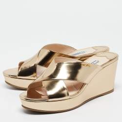 Prada Gold Foil Leather Crisscross Wedge Platform Slides Size 40