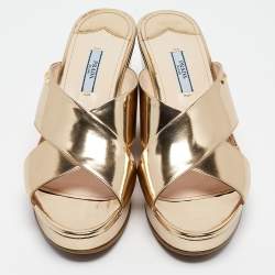 Prada Gold Foil Leather Crisscross Wedge Platform Slides Size 40