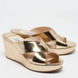 Prada Gold Foil Leather Crisscross Wedge Platform Slides Size 40