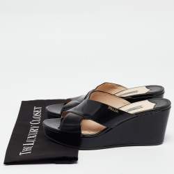 Prada Black Patent Wedge Slide Sandals Size 40