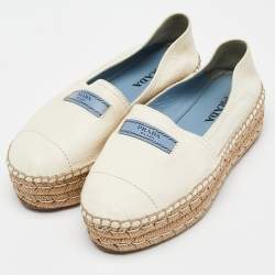 Pre Owned Prada Off White Leather Platform Espadrille Flats Size 39.5