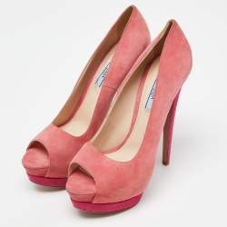 Pre Owned Prada Two Tone Pink Suede Peep Toe Platform Pumps Size 41