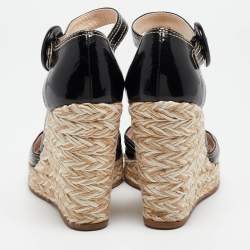 Prada Black Patent Leather Wedge Ankle Strap Sandals Size 37.5