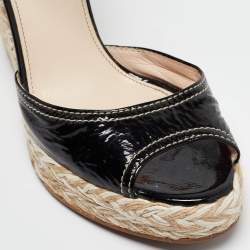 Prada Black Patent Leather Wedge Ankle Strap Sandals Size 37.5