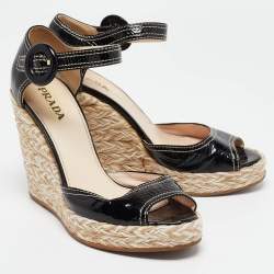 Prada Black Patent Leather Wedge Ankle Strap Sandals Size 37.5