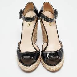 Prada Black Patent Leather Wedge Ankle Strap Sandals Size 37.5