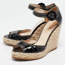 Prada Black Patent Leather Wedge Ankle Strap Sandals Size 37.5