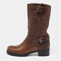 Prada Brown Leather Buckle Detail Mid Calf Length Boots Size 37